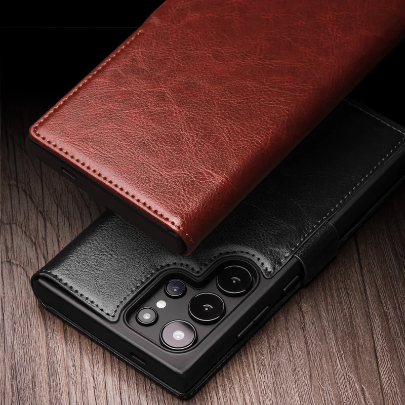 QIALINO For Samsung Galaxy S25 Case Genuine Cow Leather Wallet Phone Cover with Magnetic Closure - Light Brown-Cellmalls
