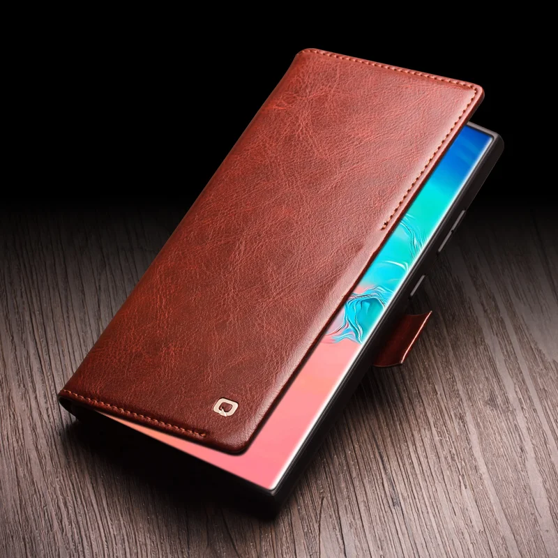 QIALINO For Samsung Galaxy S25 Case Genuine Cow Leather Wallet Phone Cover with Magnetic Closure - Light Brown-Cellmalls