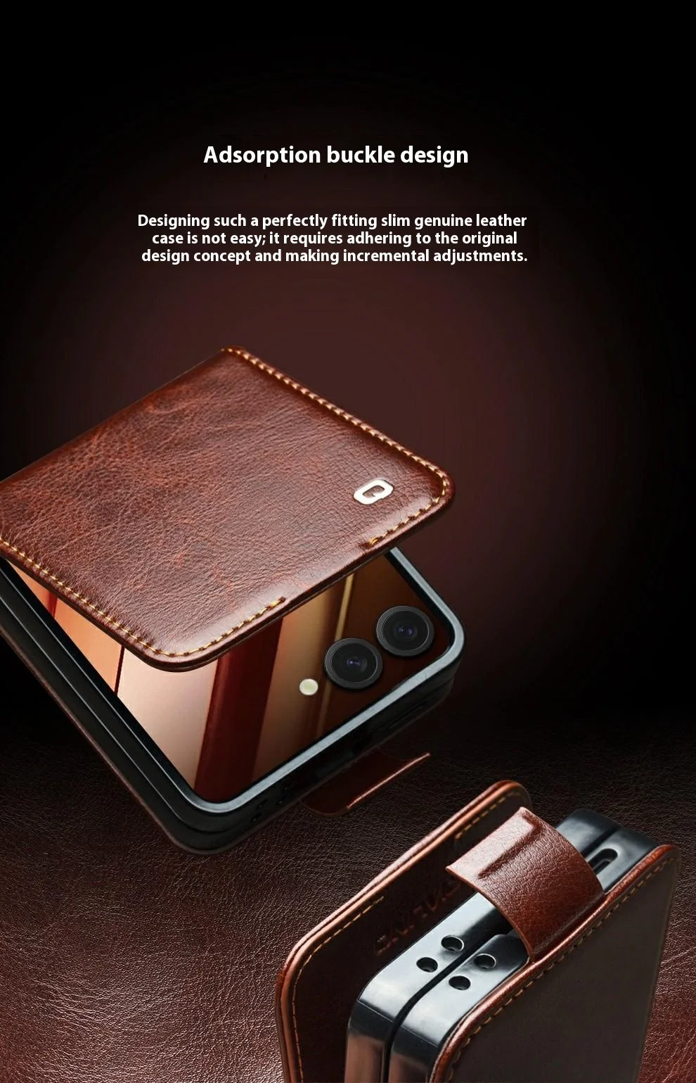 QIALINO For Samsung Galaxy Z Flip7 5G Case with Card Holder Genuine Cow Leather Stand Phone Cover - Brown-Cellmalls