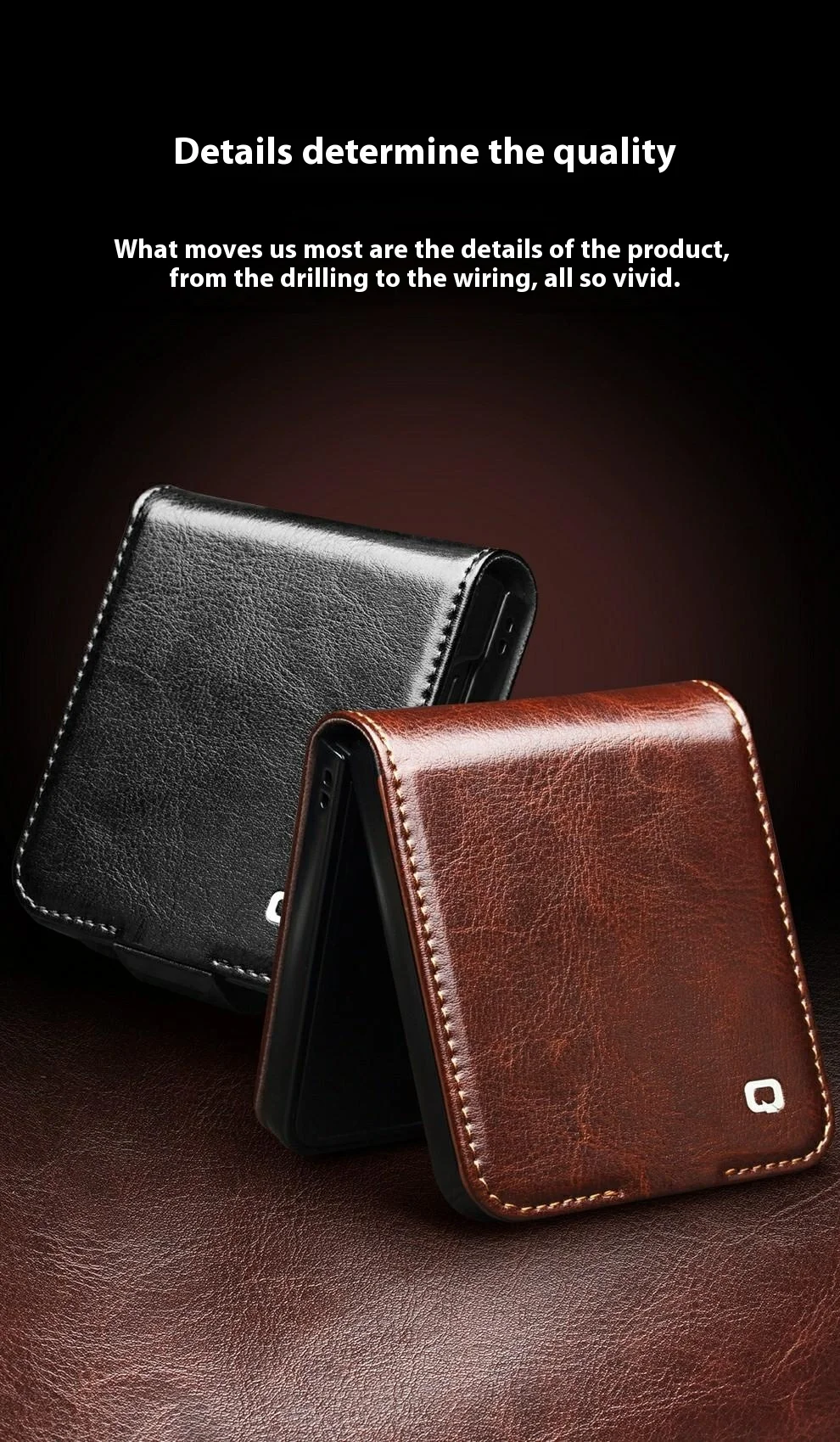 QIALINO For Samsung Galaxy Z Flip7 5G Case with Card Holder Genuine Cow Leather Stand Phone Cover - Brown-Cellmalls