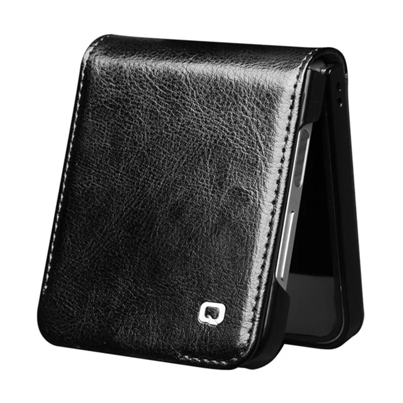 QIALINO For Samsung Galaxy Z Flip7 FE 5G / Z Flip6 5G Case TPU+Genuine Cow Leather Folio Flip Phone Cover - Black-Cellmalls