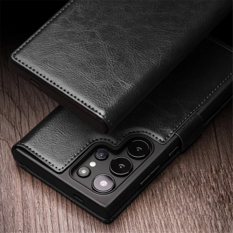 QIALINO For Samsung Galaxy S24 Ultra Wallet Case Genuine Cow Leather Folio Flip Cover - Black-Cellmalls