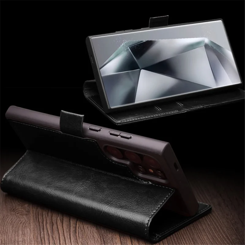 QIALINO For Samsung Galaxy S24 Ultra Wallet Case Genuine Cow Leather Folio Flip Cover - Black-Cellmalls