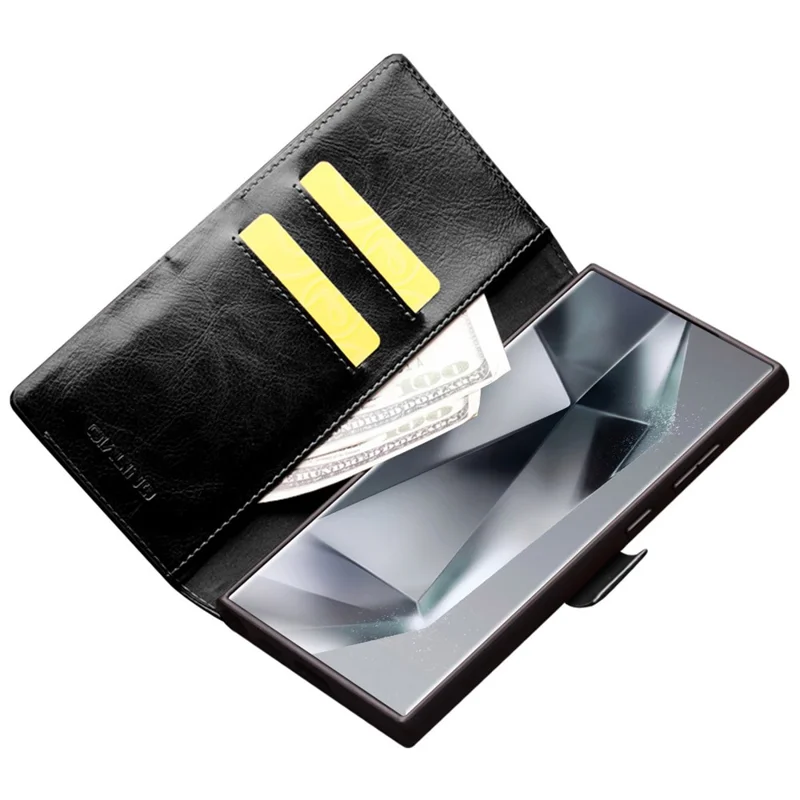 QIALINO For Samsung Galaxy S24 Ultra Wallet Case Genuine Cow Leather Folio Flip Cover - Black-Cellmalls