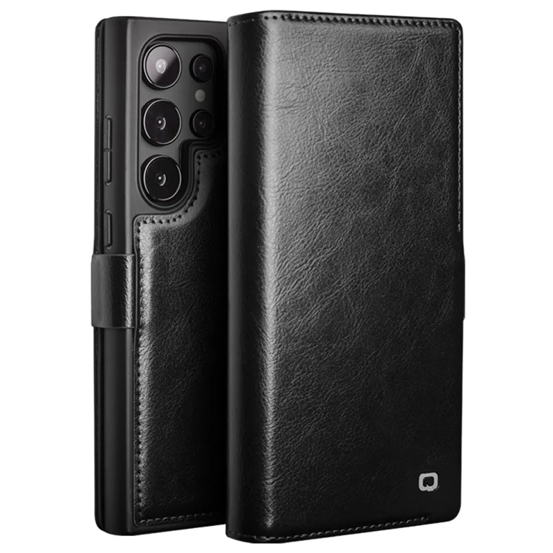 QIALINO For Samsung Galaxy S24 Ultra Wallet Case Genuine Cow Leather Folio Flip Cover - Black-Cellmalls