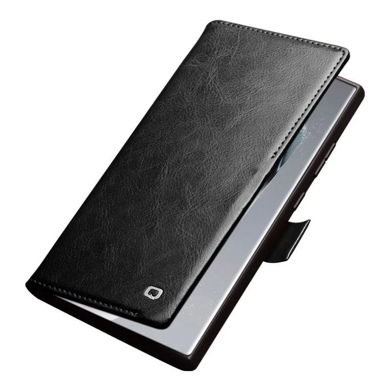 QIALINO For Samsung Galaxy S24 Ultra Wallet Case Genuine Cow Leather Folio Flip Cover - Black-Cellmalls