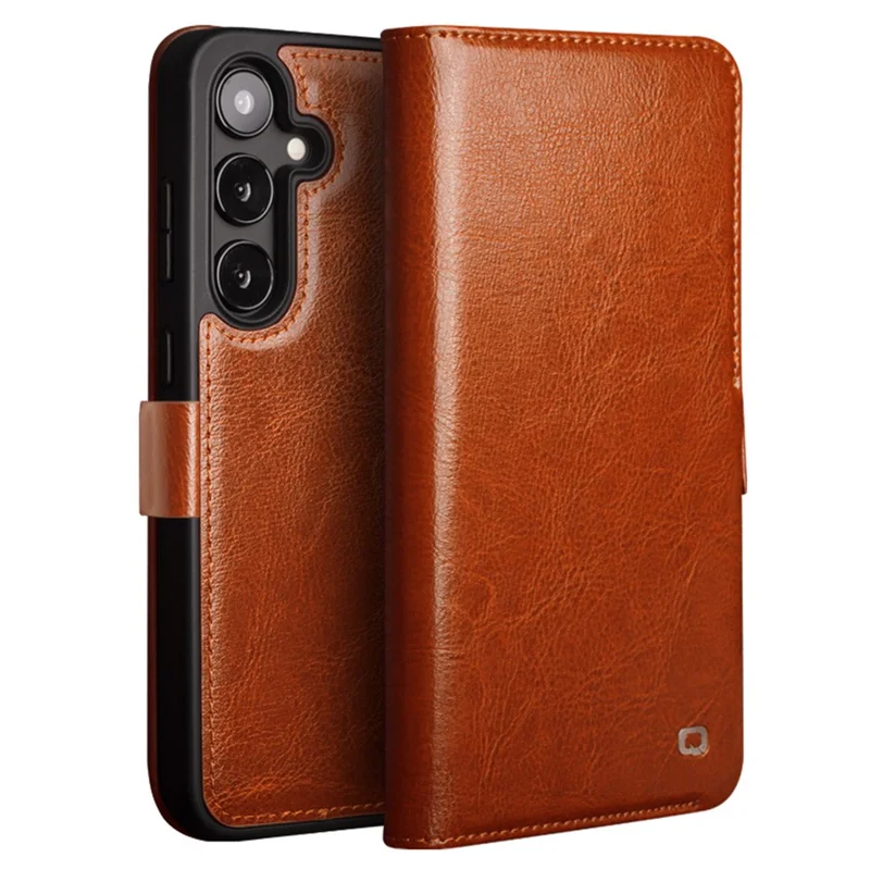 QIALINO For Samsung Galaxy S25 Case Genuine Cow Leather Wallet Phone Cover with Magnetic Closure - Light Brown-Cellmalls