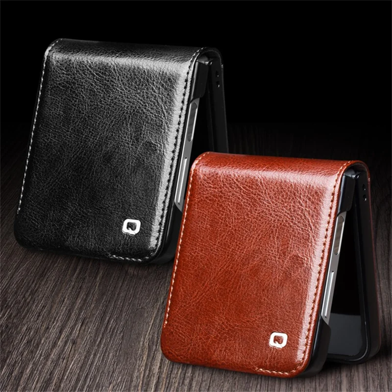 QIALINO For Samsung Galaxy Z Flip7 FE 5G / Z Flip6 5G Case TPU+Genuine Cow Leather Folio Flip Phone Cover - Black-Cellmalls