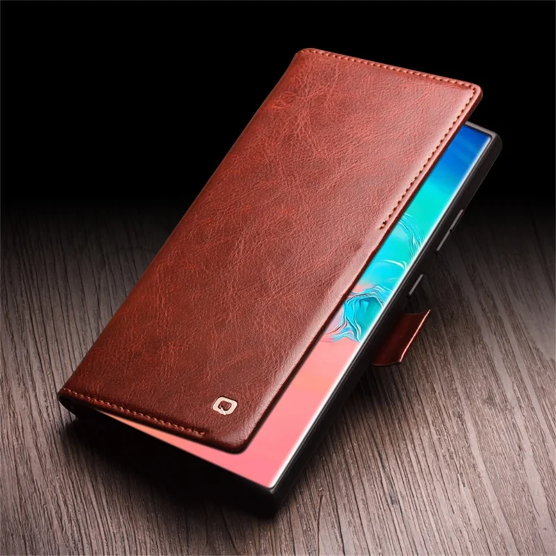 QIALINO For Samsung Galaxy S25 Ultra Case Genuine Cow Leather Wallet Phone Cover with Magnetic Closure - Black-Cellmalls