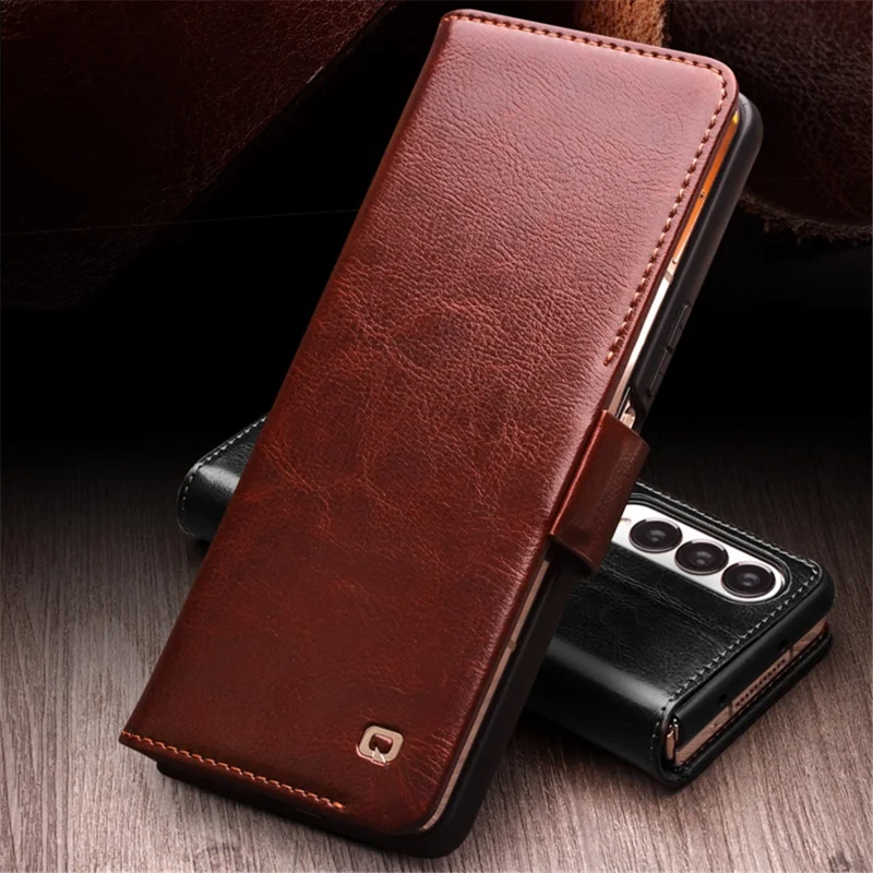QIALINO For Samsung Galaxy Z Fold4 5G Genuine Cow Leather Case Wallet Magnetic Phone Cover - Brown-Cellmalls