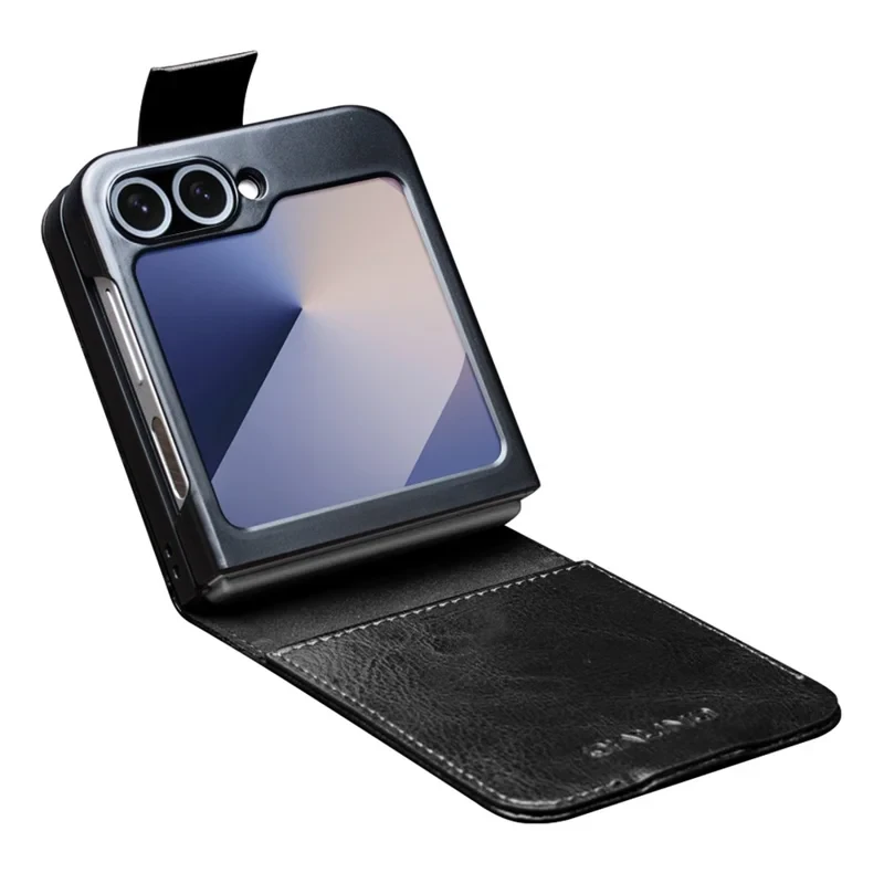 QIALINO For Samsung Galaxy Z Flip7 FE 5G / Z Flip6 5G Case TPU+Genuine Cow Leather Folio Flip Phone Cover - Black-Cellmalls