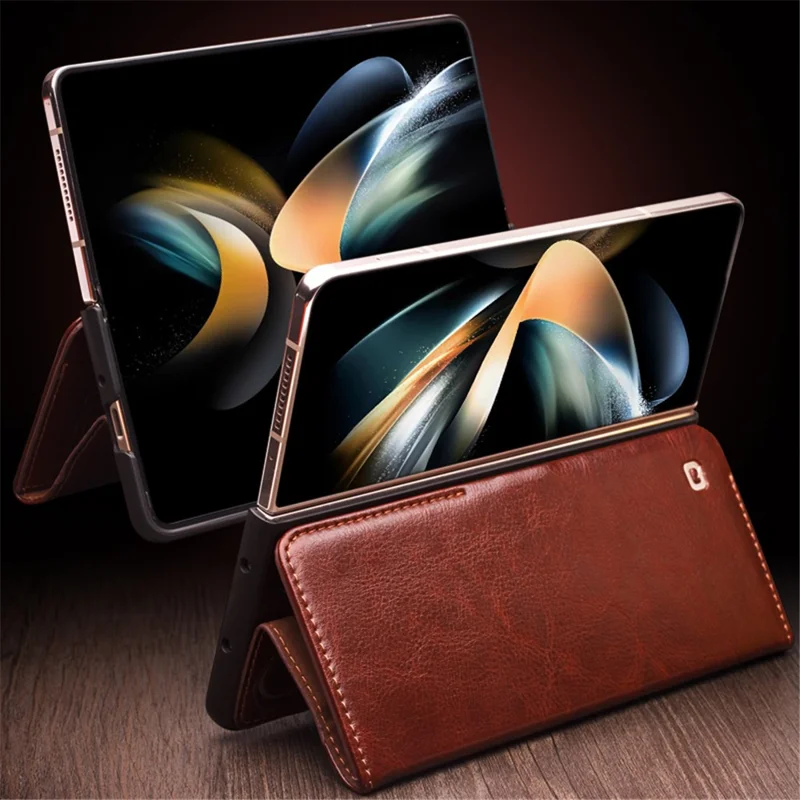 QIALINO For Samsung Galaxy Z Fold4 5G Genuine Cow Leather Case Wallet Magnetic Phone Cover - Brown-Cellmalls
