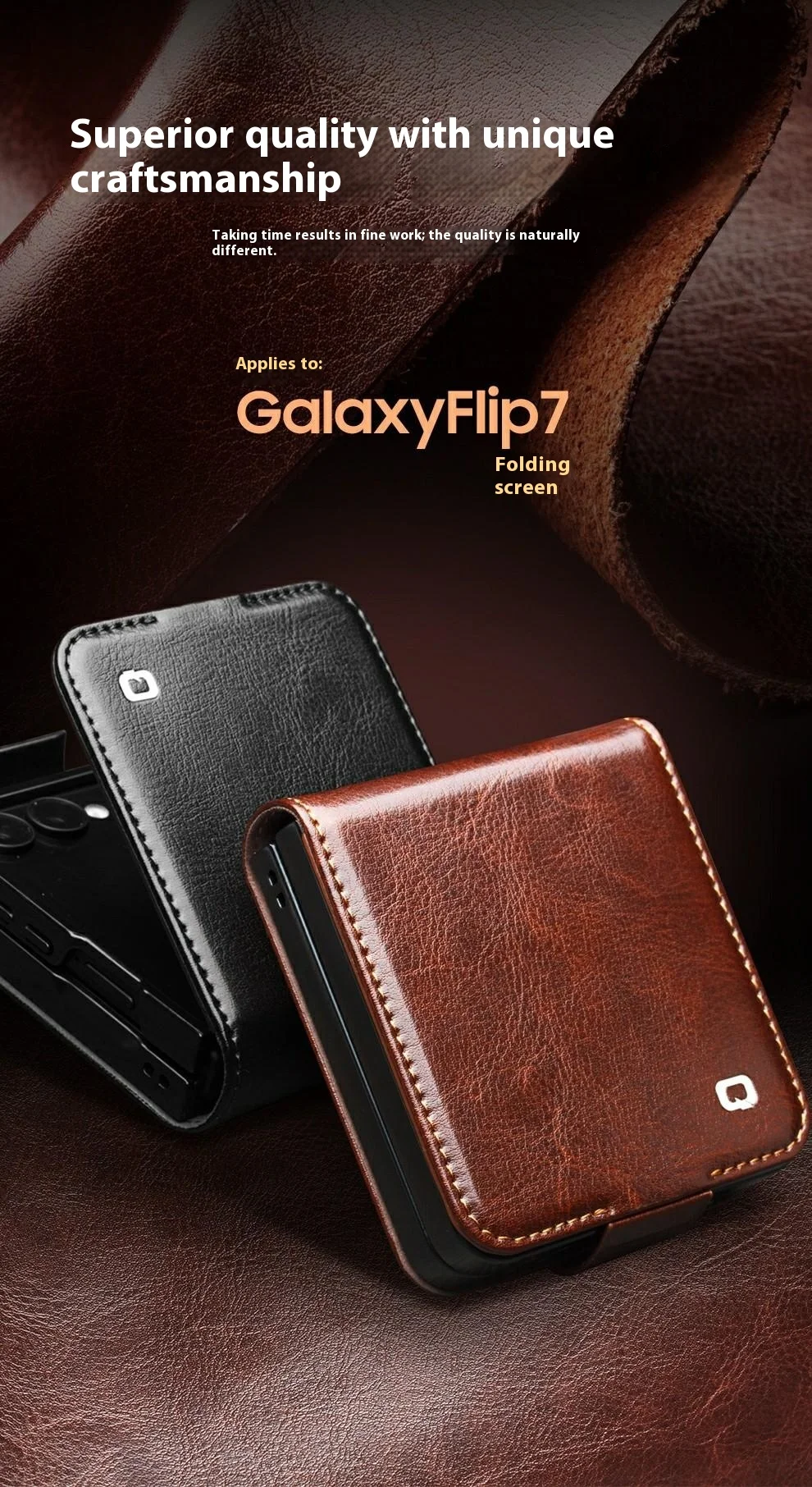 QIALINO For Samsung Galaxy Z Flip7 5G Case with Card Holder Genuine Cow Leather Stand Phone Cover - Brown-Cellmalls