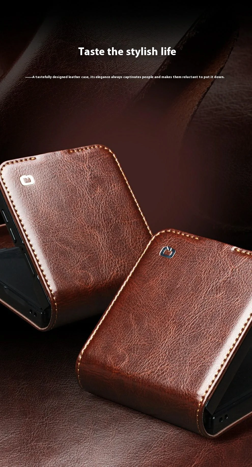 QIALINO For Samsung Galaxy Z Flip7 5G Case with Card Holder Genuine Cow Leather Stand Phone Cover - Brown-Cellmalls