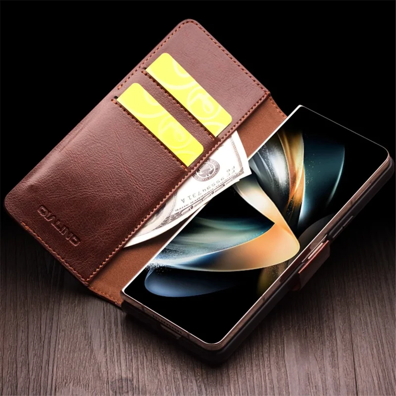 QIALINO For Samsung Galaxy Z Fold4 5G Genuine Cow Leather Case Wallet Magnetic Phone Cover - Brown-Cellmalls