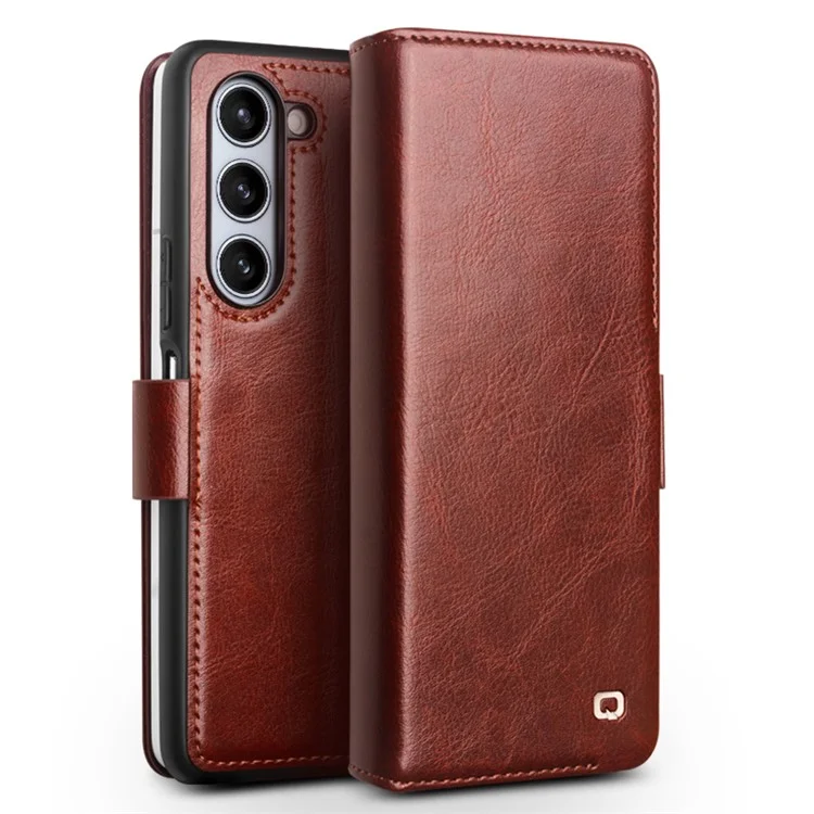QIALINO Wallet Phone Case for Samsung Galaxy Z Fold5 5G TPU+Genuine Cow Leather Folio Flip Cover - Dark Brown-Cellmalls