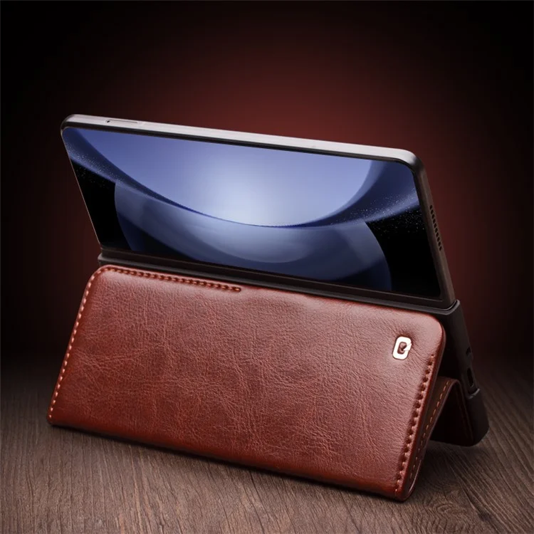 QIALINO Wallet Phone Case for Samsung Galaxy Z Fold5 5G TPU+Genuine Cow Leather Folio Flip Cover - Dark Brown-Cellmalls