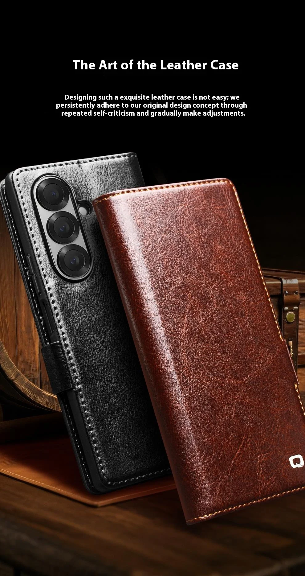 QIALINO For Samsung Galaxy Z Fold7 5G Case with Card Holder Genuine Cow Leather Stand Phone Cover - Brown-Cellmalls