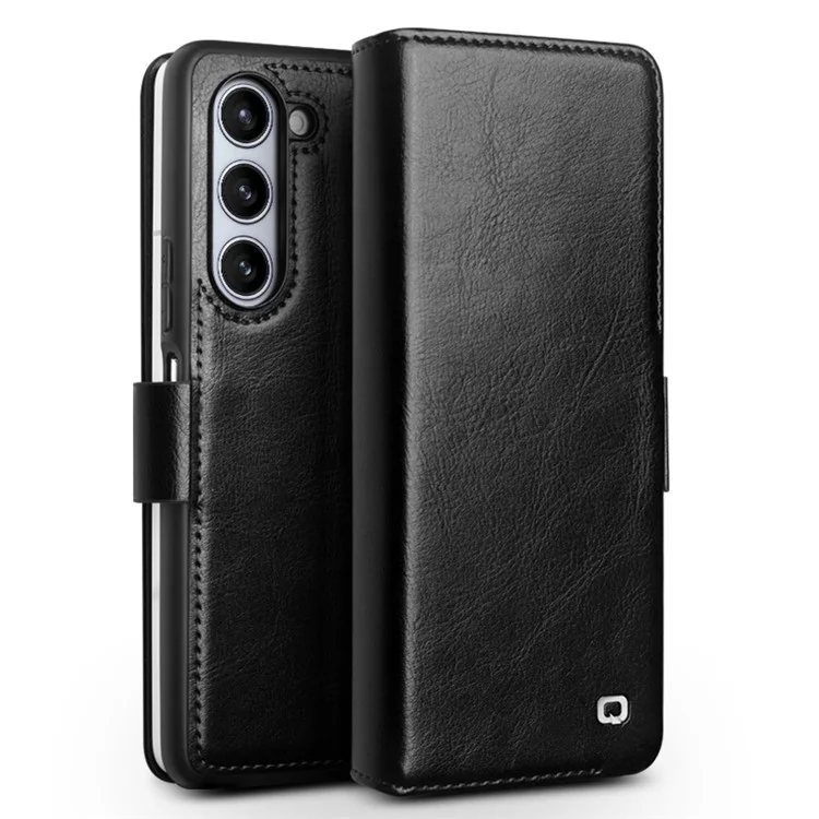 QIALINO Wallet Phone Case for Samsung Galaxy Z Fold5 5G TPU+Genuine Cow Leather Folio Flip Cover - Dark Brown-Cellmalls