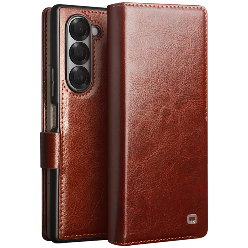 QIALINO For Samsung Galaxy Z Fold6 5G Case TPU+Genuine Cow Card Slot Leather Phone Cover - Brown-Cellmalls