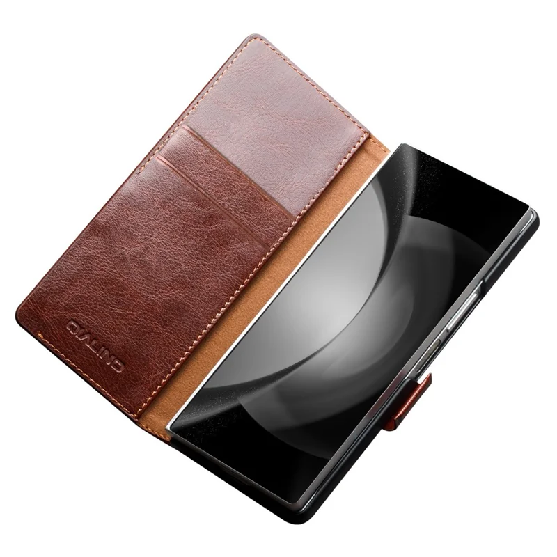 QIALINO For Samsung Galaxy Z Fold6 5G Case TPU+Genuine Cow Card Slot Leather Phone Cover - Brown-Cellmalls