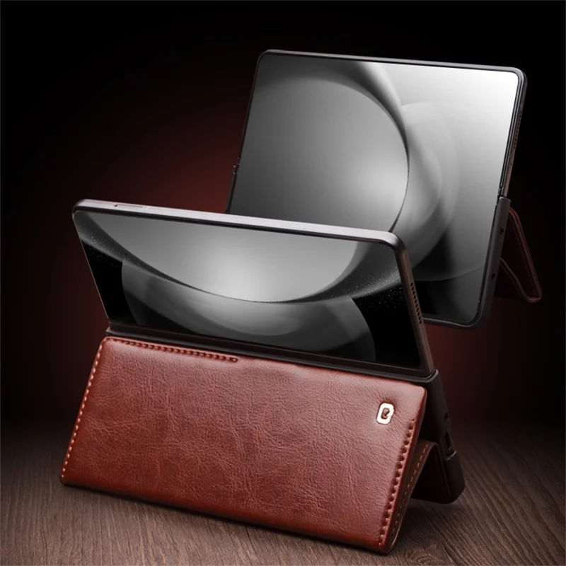 QIALINO For Samsung Galaxy Z Fold6 5G Case TPU+Genuine Cow Card Slot Leather Phone Cover - Brown-Cellmalls