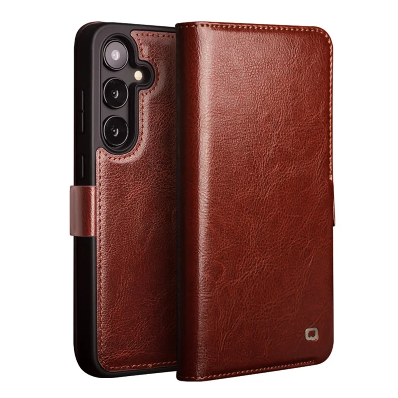 QIALINO For Samsung Galaxy S25 Case Genuine Cow Leather Wallet Phone Cover with Magnetic Closure - Light Brown-Cellmalls
