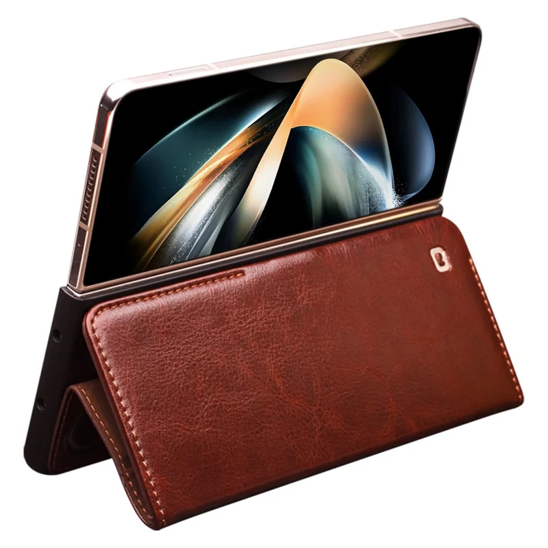 QIALINO For Samsung Galaxy Z Fold4 5G Genuine Cow Leather Case Wallet Magnetic Phone Cover - Brown-Cellmalls