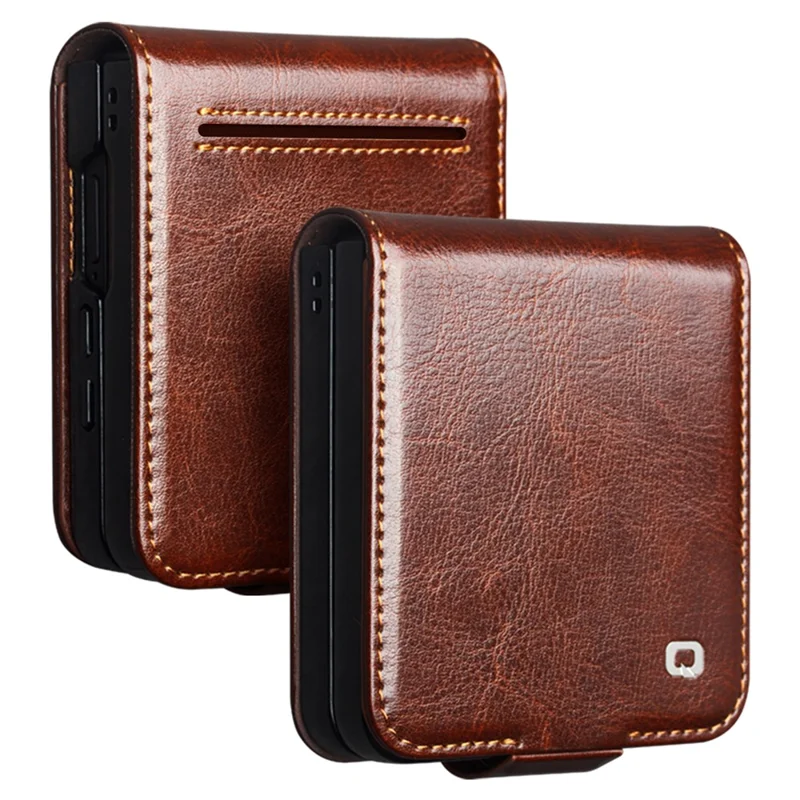 QIALINO For Samsung Galaxy Z Flip7 5G Case with Card Holder Genuine Cow Leather Stand Phone Cover - Brown-Cellmalls