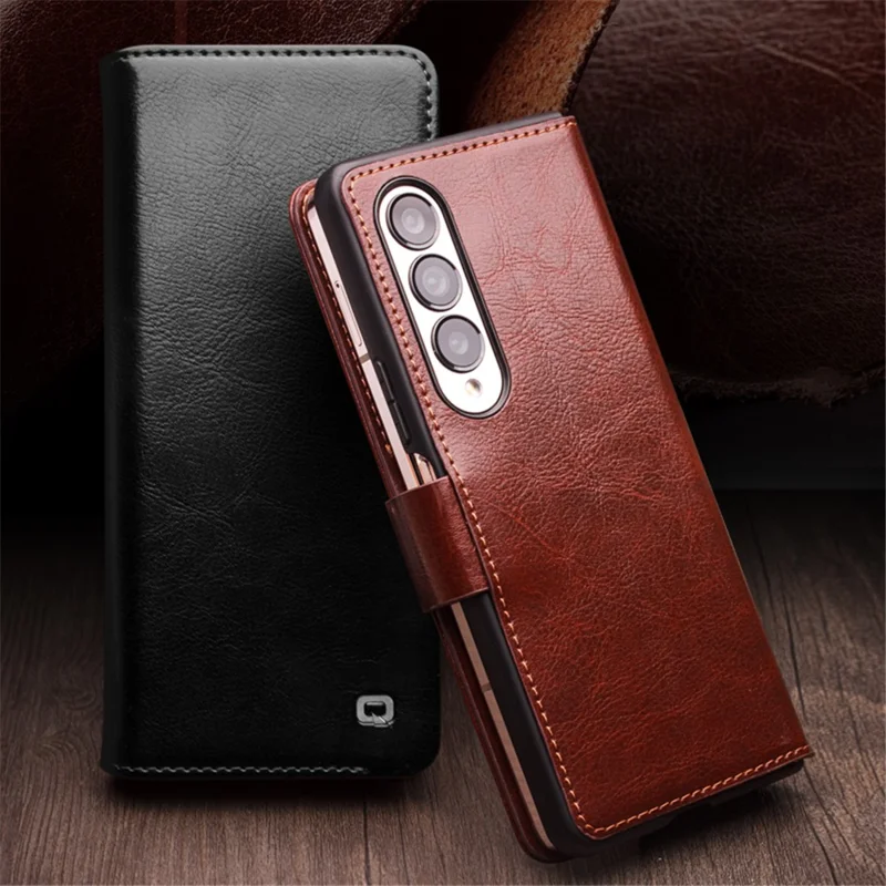 QIALINO For Samsung Galaxy Z Fold4 5G Genuine Cow Leather Case Wallet Magnetic Phone Cover - Brown-Cellmalls