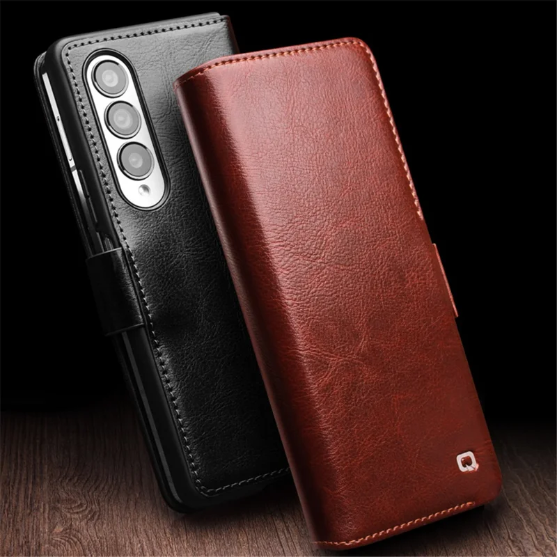 QIALINO For Samsung Galaxy Z Fold4 5G Genuine Cow Leather Case Wallet Magnetic Phone Cover - Brown-Cellmalls