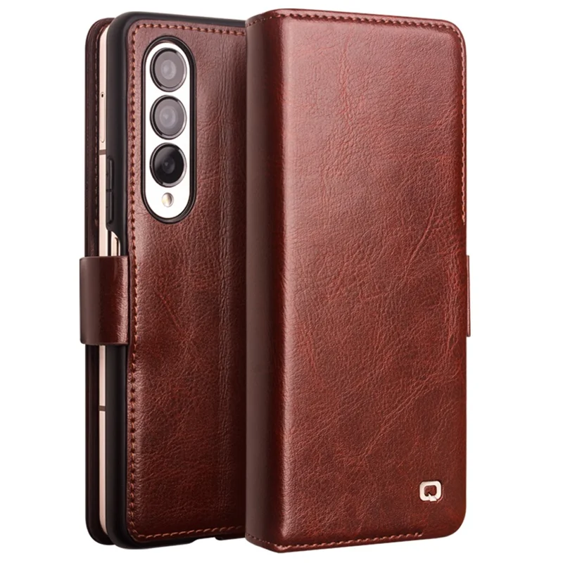 QIALINO For Samsung Galaxy Z Fold4 5G Genuine Cow Leather Case Wallet Magnetic Phone Cover - Brown-Cellmalls