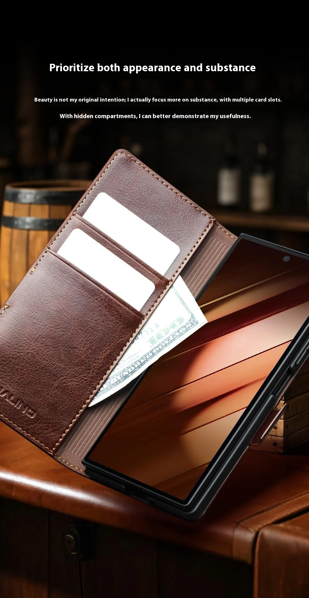 QIALINO For Samsung Galaxy Z Fold7 5G Case with Card Holder Genuine Cow Leather Stand Phone Cover - Brown-Cellmalls