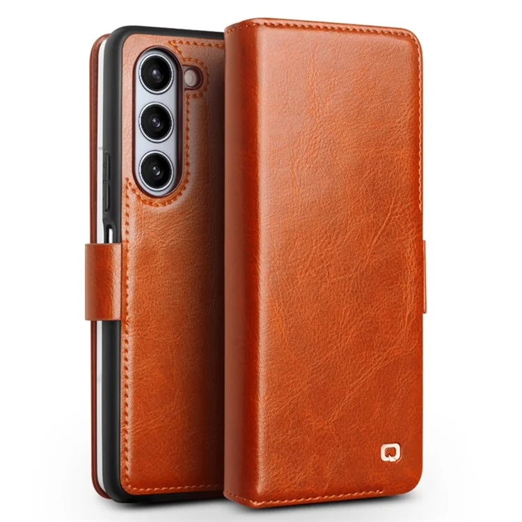 QIALINO Wallet Phone Case for Samsung Galaxy Z Fold5 5G TPU+Genuine Cow Leather Folio Flip Cover - Dark Brown-Cellmalls