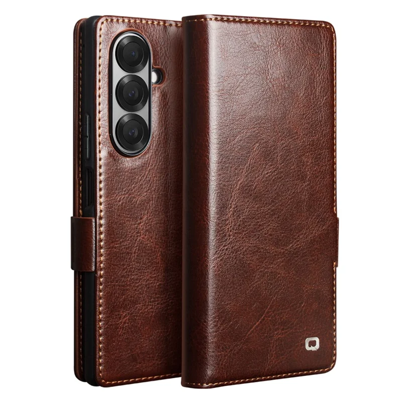 QIALINO For Samsung Galaxy Z Fold7 5G Case with Card Holder Genuine Cow Leather Stand Phone Cover - Brown-Cellmalls