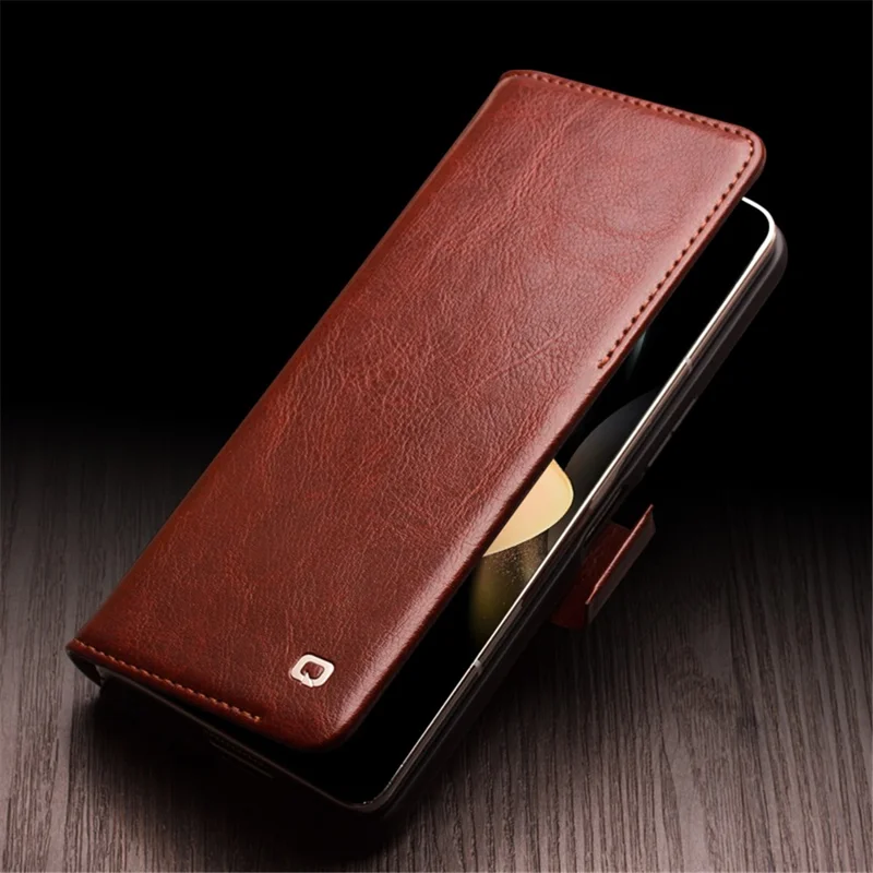 QIALINO For Samsung Galaxy Z Fold4 5G Genuine Cow Leather Case Wallet Magnetic Phone Cover - Brown-Cellmalls
