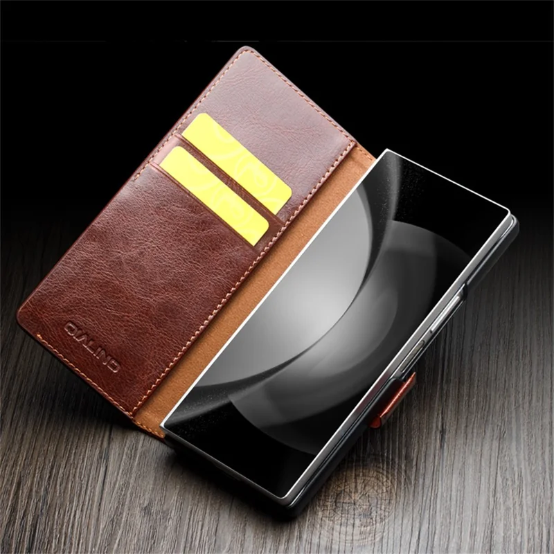 QIALINO For Samsung Galaxy Z Fold6 5G Case TPU+Genuine Cow Card Slot Leather Phone Cover - Brown-Cellmalls