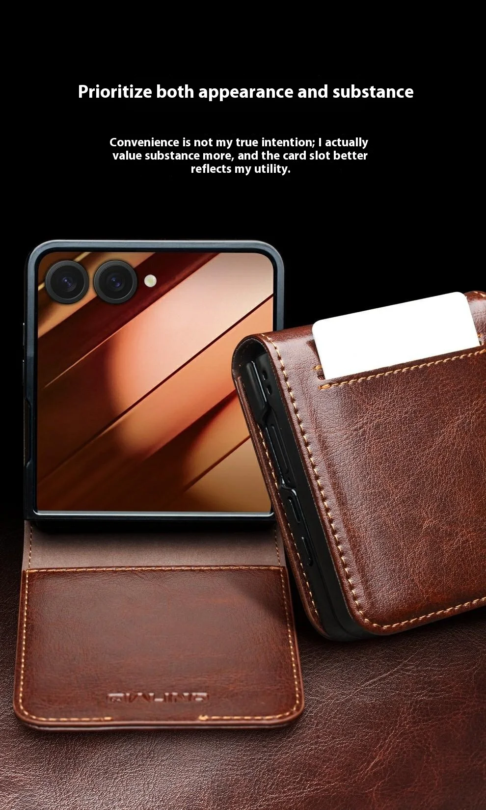 QIALINO For Samsung Galaxy Z Flip7 5G Case with Card Holder Genuine Cow Leather Stand Phone Cover - Brown-Cellmalls