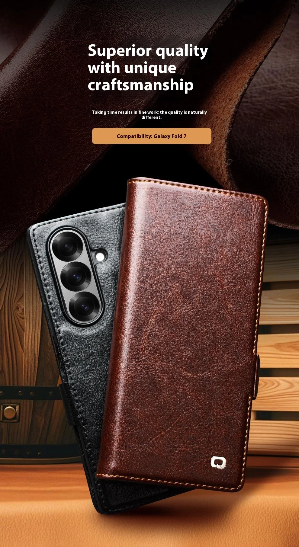 QIALINO For Samsung Galaxy Z Fold7 5G Case with Card Holder Genuine Cow Leather Stand Phone Cover - Brown-Cellmalls