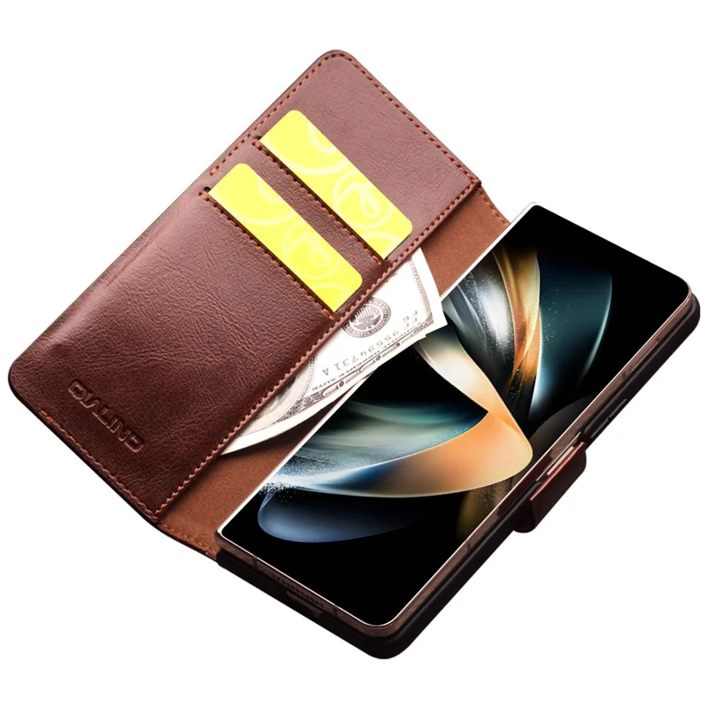 QIALINO For Samsung Galaxy Z Fold4 5G Genuine Cow Leather Case Wallet Magnetic Phone Cover - Brown-Cellmalls