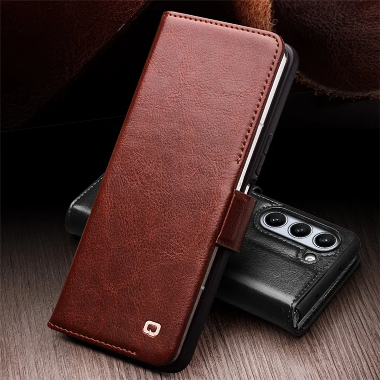 QIALINO Wallet Phone Case for Samsung Galaxy Z Fold5 5G TPU+Genuine Cow Leather Folio Flip Cover - Dark Brown-Cellmalls