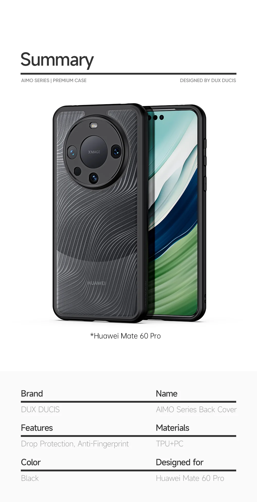 DUX DUCIS Aimo Series for Huawei Mate 60 Pro Phone Case Matte TPU Frame + PC Phone Shell Cover (REACH Certification) - Black-Cellmalls