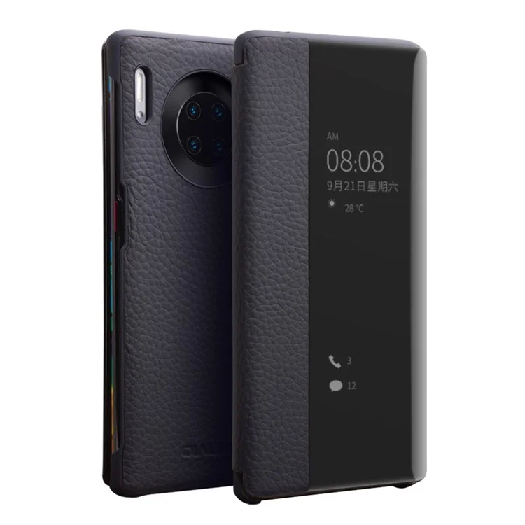 QIALINO View Window Litchi Texture Cowhide Leather Smart Case for Huawei Mate 30 Pro - Blue-Cellmalls