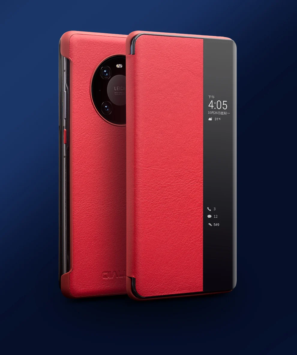 QIALINO For Huawei Mate 40 Pro Smart Visual Window Genuine Leather Phone Case with Auto Wake / Sleep - Black-Cellmalls