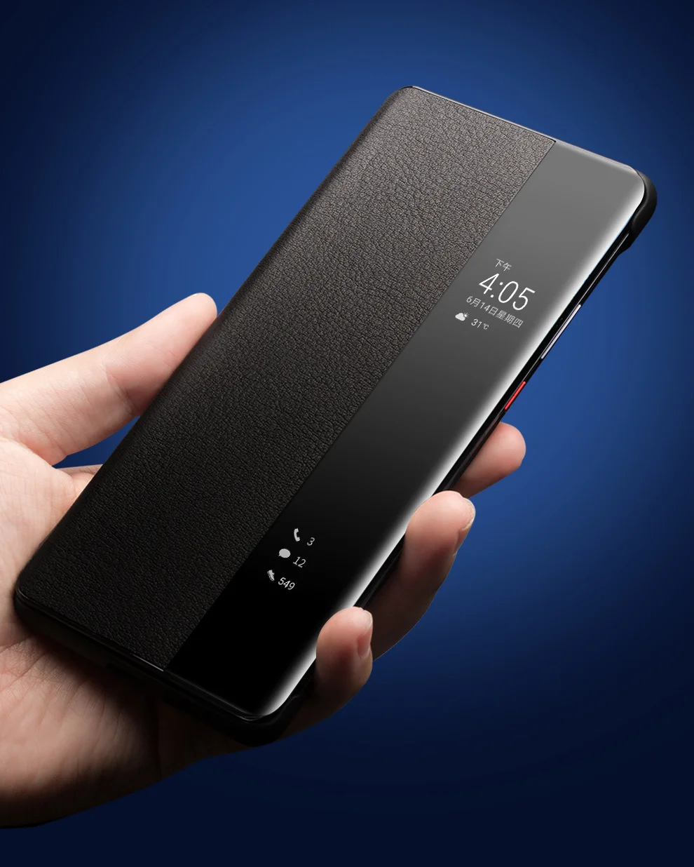 QIALINO For Huawei Mate 40 Pro Smart Visual Window Genuine Leather Phone Case with Auto Wake / Sleep - Black-Cellmalls