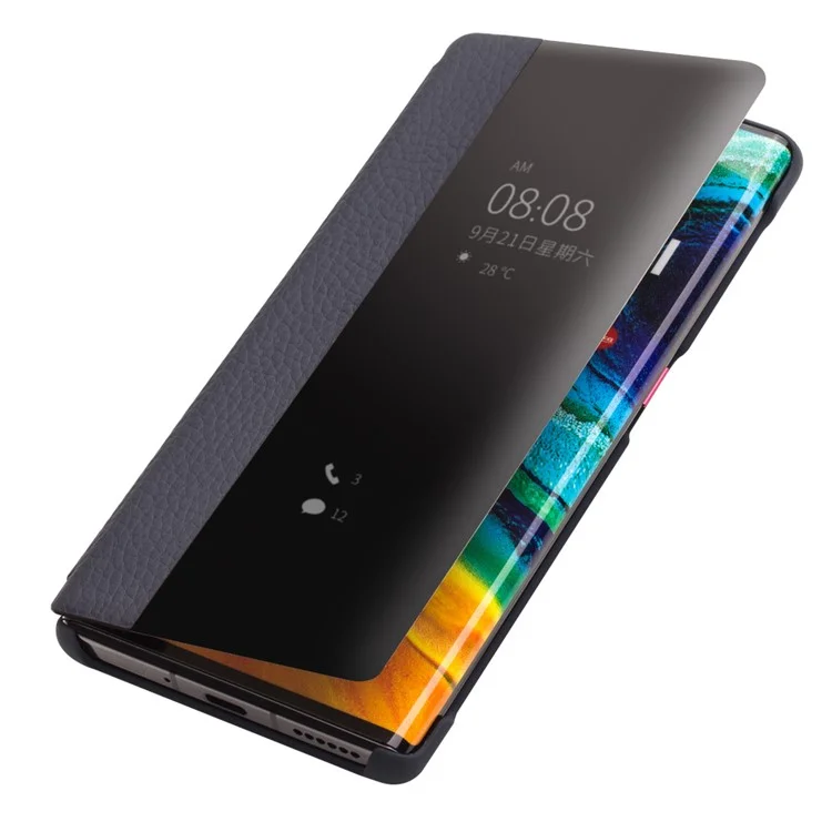 QIALINO View Window Litchi Texture Cowhide Leather Smart Case for Huawei Mate 30 Pro - Blue-Cellmalls