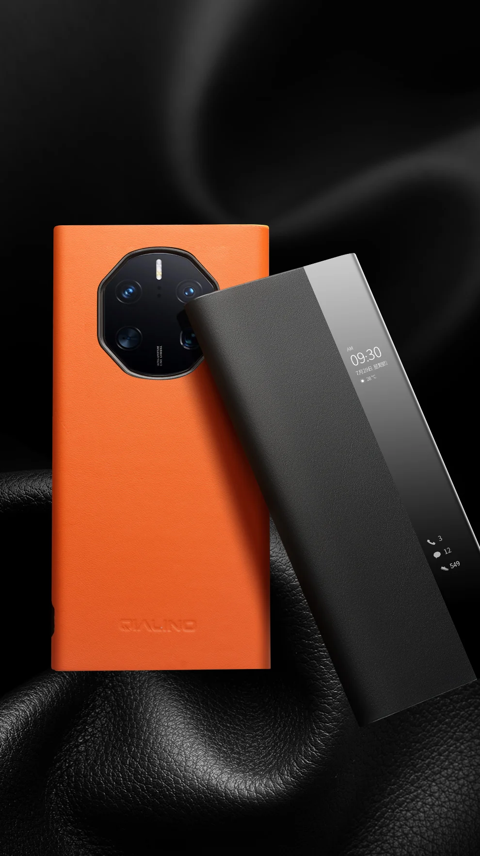 QIALINO Phone Case for Huawei Mate 50 RS Porsche Design 4G Cowhide Leather PC Cover Anti-Drop Shockproof Case - Orange-Cellmalls