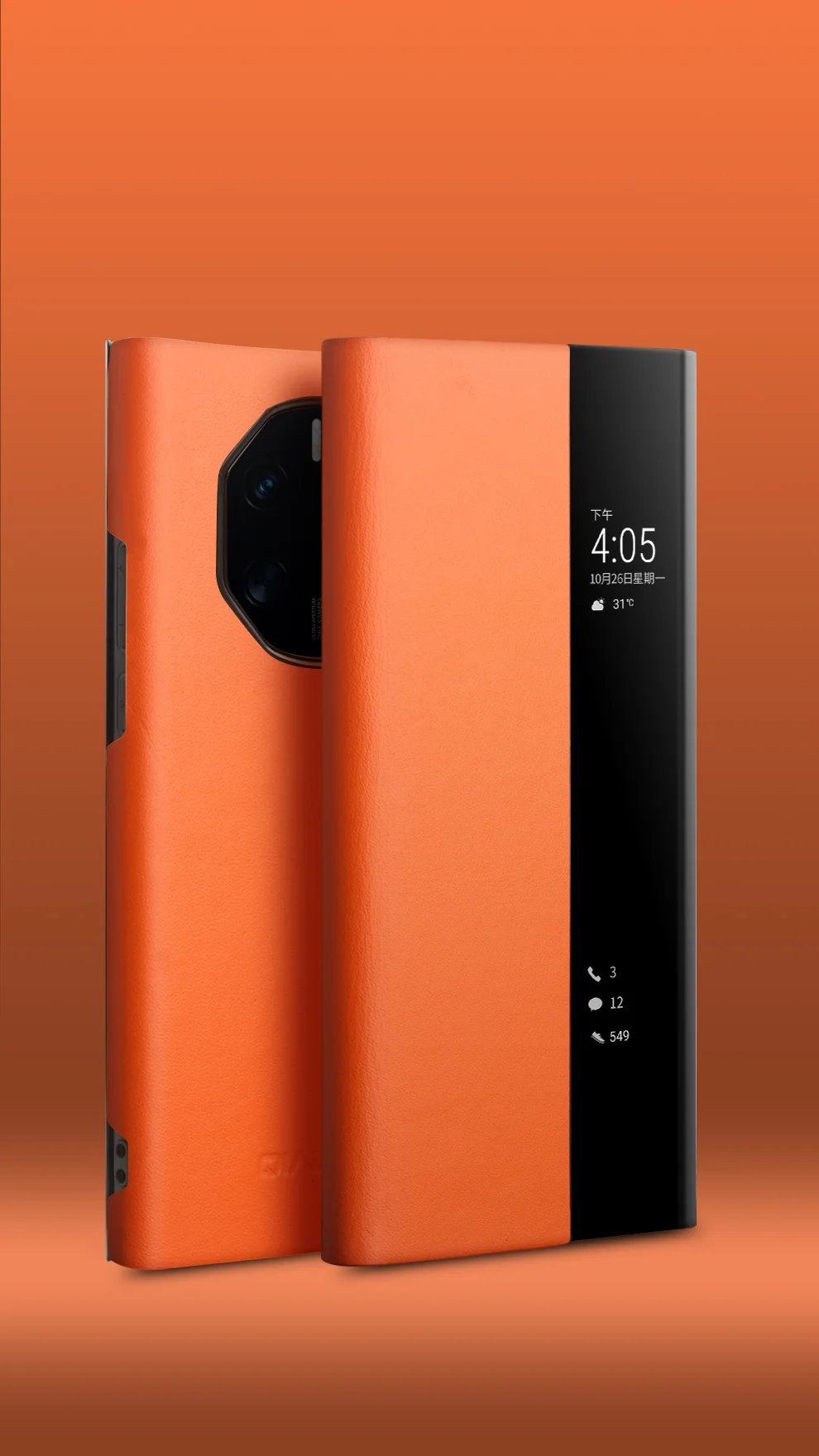 QIALINO Phone Case for Huawei Mate 50 RS Porsche Design 4G Cowhide Leather PC Cover Anti-Drop Shockproof Case - Orange-Cellmalls