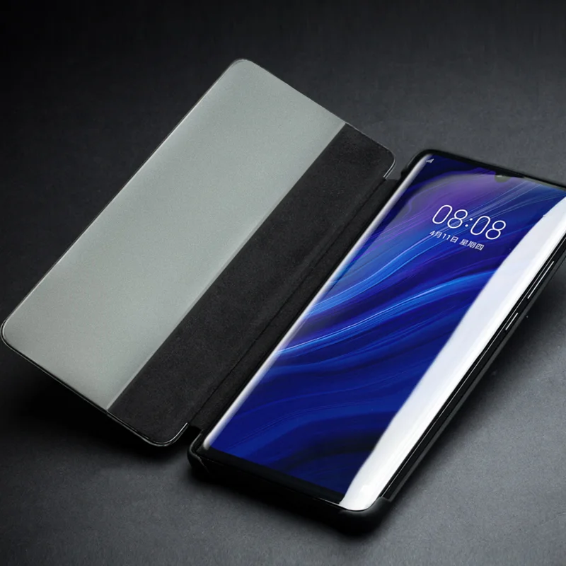 QIALINO for Huawei P30 View Window Cowhide Leather Smart Phone Case - Black-Cellmalls