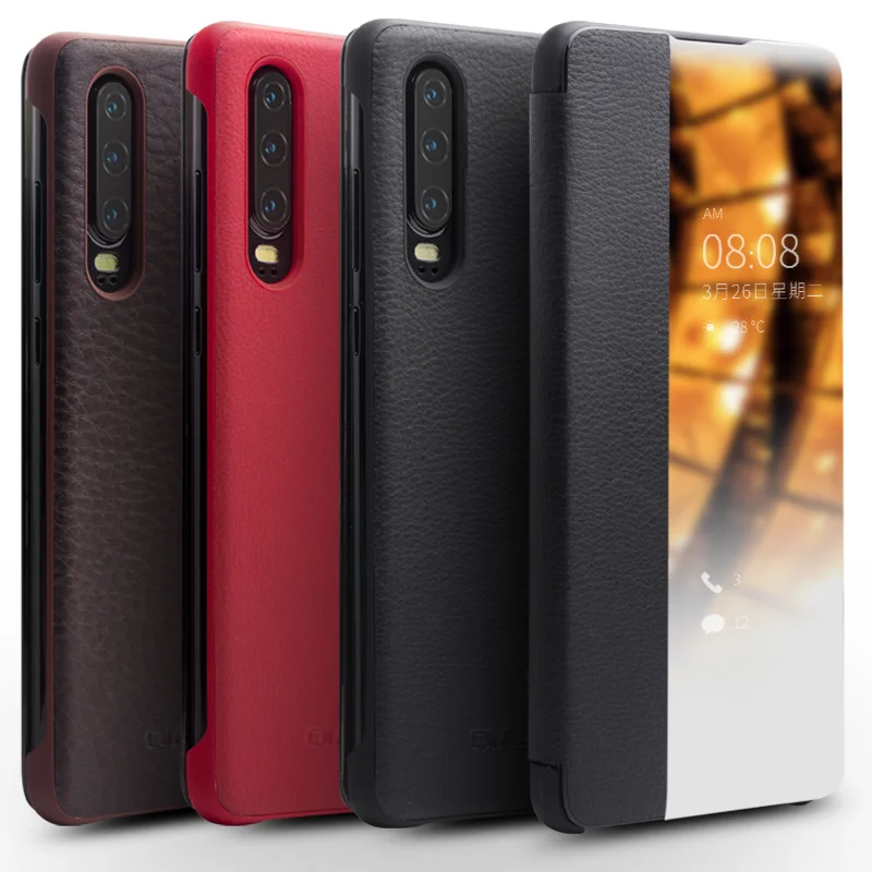 QIALINO for Huawei P30 View Window Cowhide Leather Smart Phone Case - Black-Cellmalls